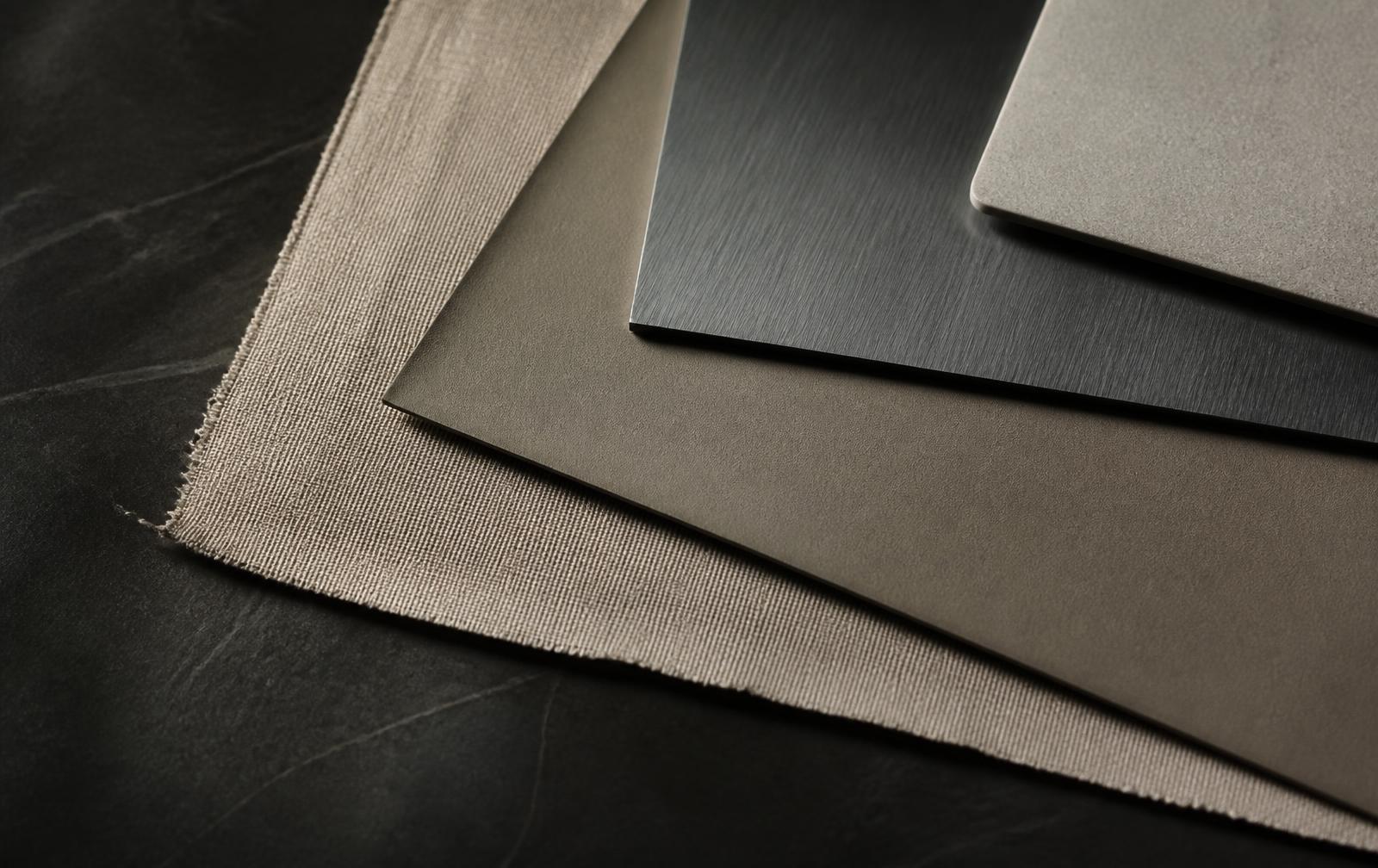 Nakładające się na siebie próbki naturalnych materiałów na ciemnym kamiennym blacie