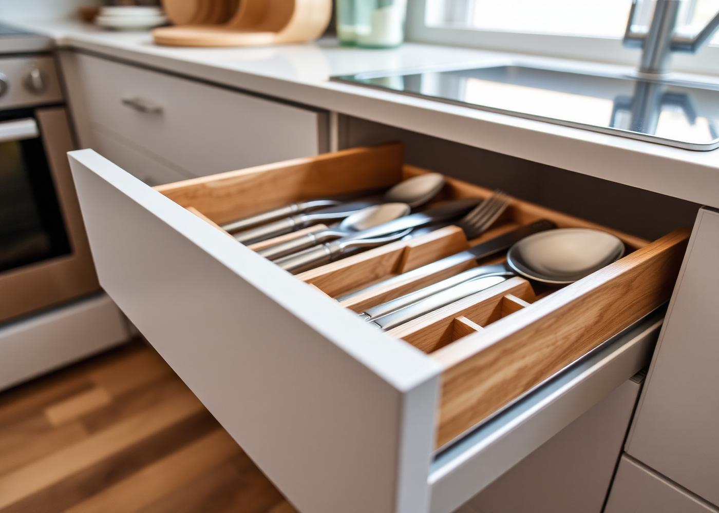 Detal — szuflada kuchenna z drewnianym organizerem, Meble Perfekt