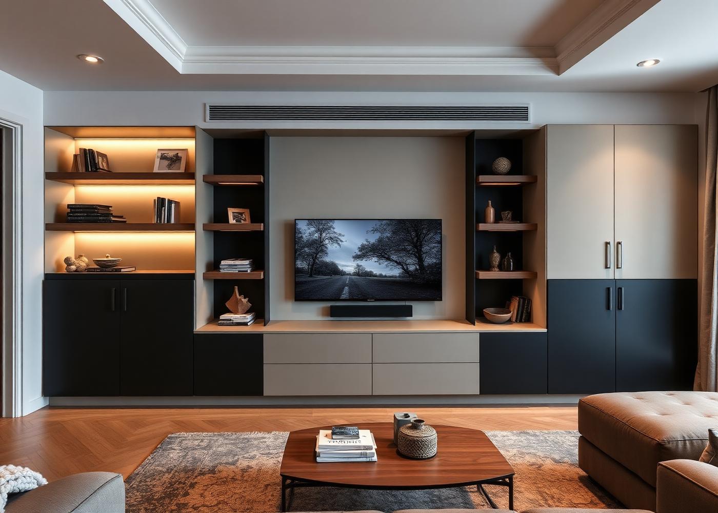 Zabudowa salonu z integracją TV — realizacja Meble Perfekt