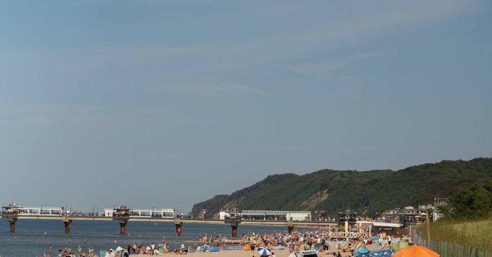 Plaża w Międzyzdrojach z molo i zalesionym klifem w tle